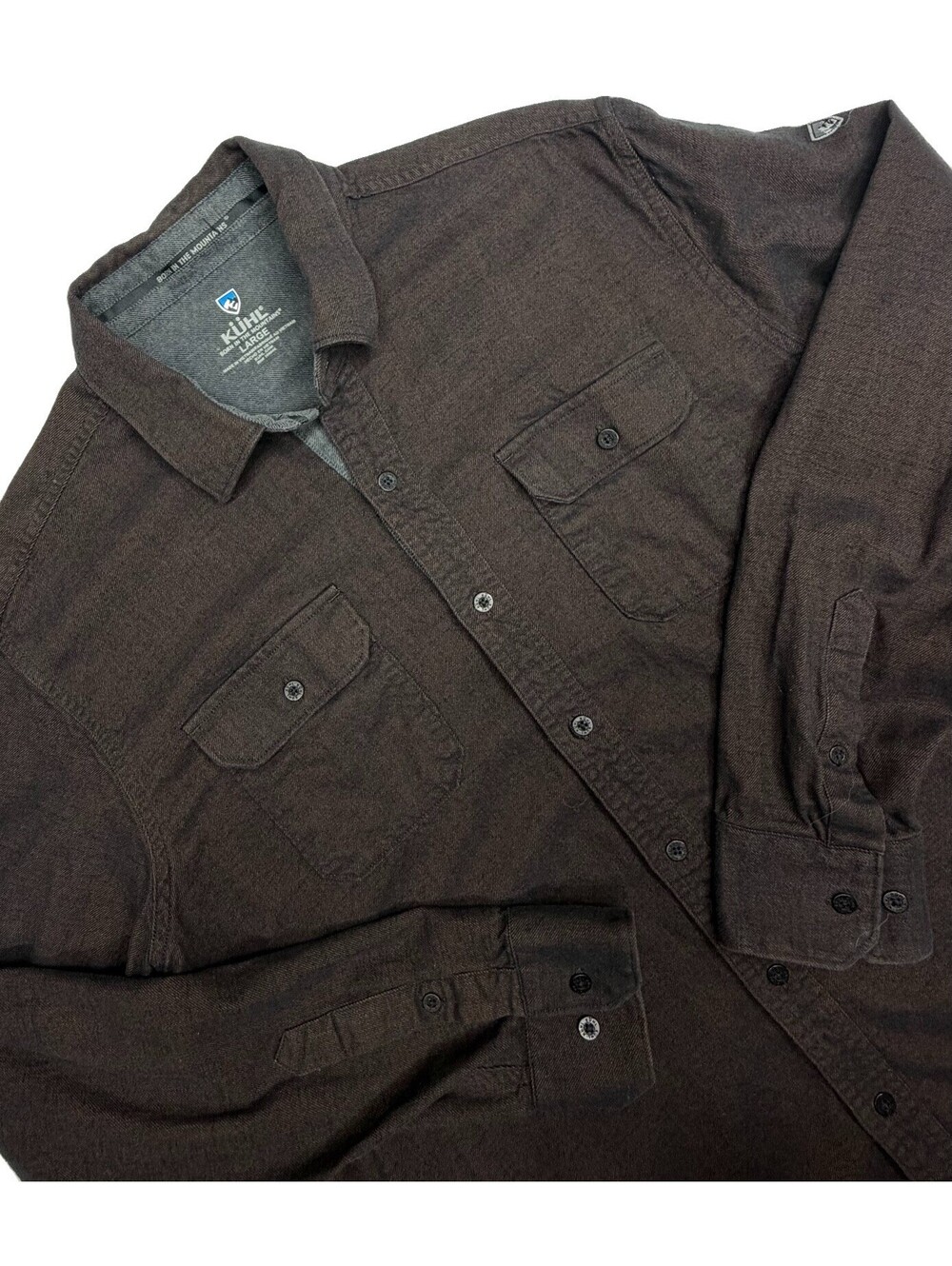 Kuhl Mens Long Sleeve Button Down Shirt Charcoal Brown Cotton Tencel Large